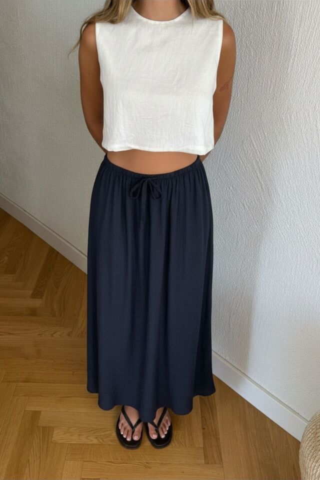 Kadın Lacivert Uzun Etek Beli Lastikli Bağcıklı Maksi Boy Bol Tesettür Etek Pamuk Viskon İç Göstermez Yazlık İlkbahar S-M-L