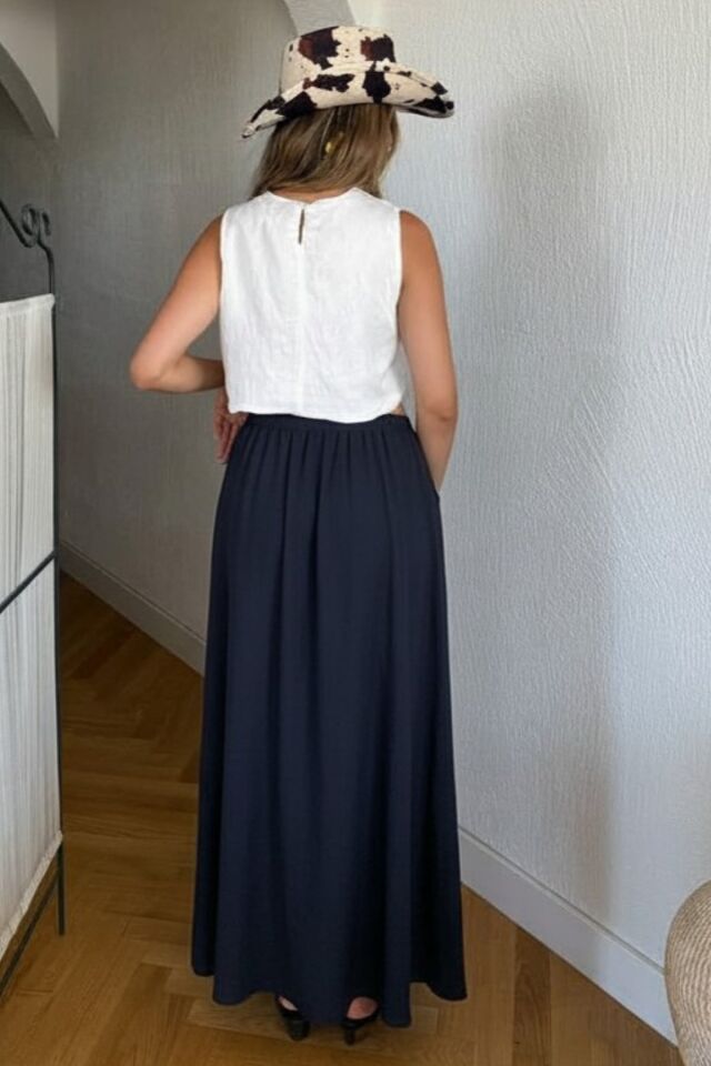 Kadın Lacivert Uzun Etek Beli Lastikli Bağcıklı Maksi Boy Bol Tesettür Etek Pamuk Viskon İç Göstermez Yazlık İlkbahar S-M-L