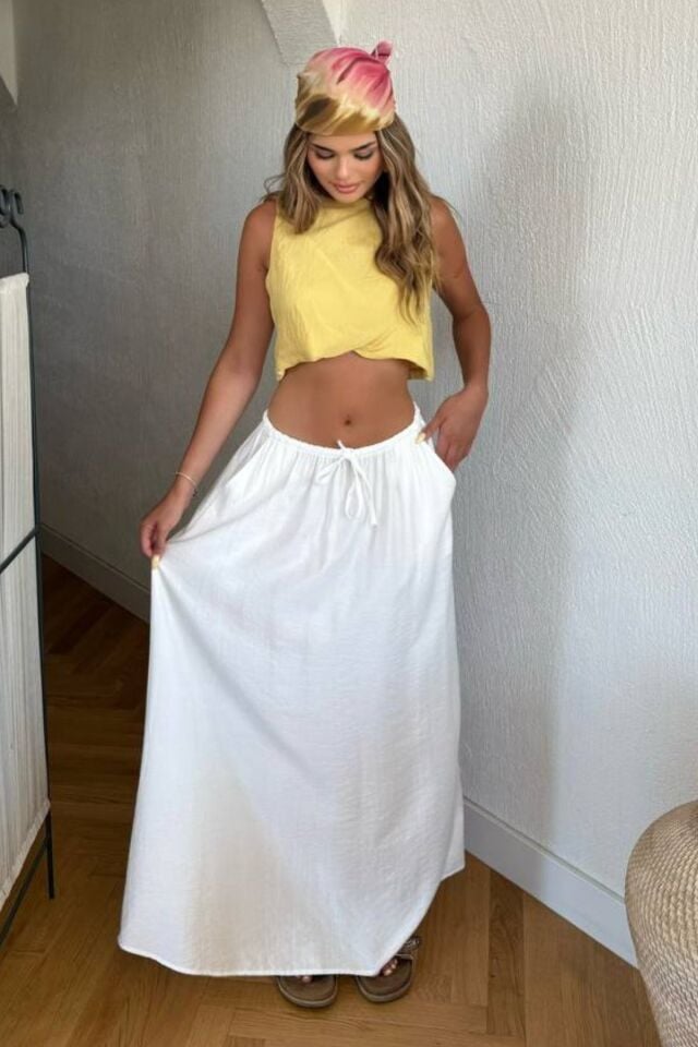Kadın Beyaz Uzun Etek Beli Lastikli Bağcıklı Maksi Boy Bol Tesettür Etek Pamuk Viskon İç Göstermez Yazlık İlkbahar S-M-L