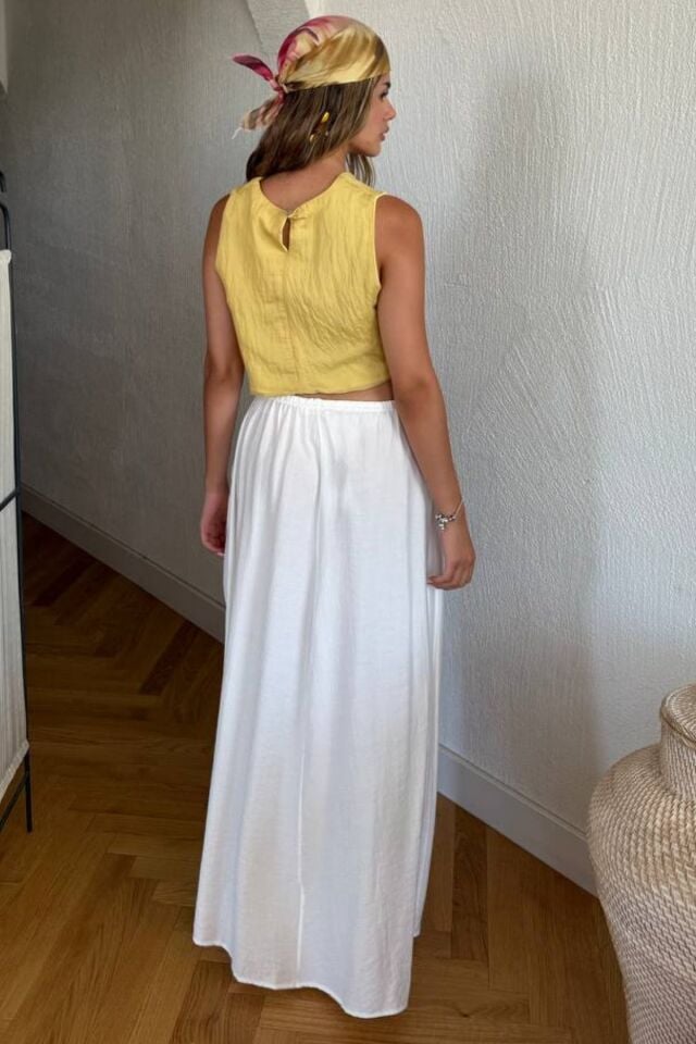Kadın Beyaz Uzun Etek Beli Lastikli Bağcıklı Maksi Boy Bol Tesettür Etek Pamuk Viskon İç Göstermez Yazlık İlkbahar S-M-L
