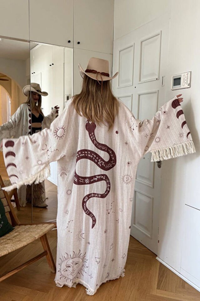 Kadın Bohem Astroloji Desenli Yılan Yıldız Haritası Püsküllü Plaj Kimono Kaftan Pareo