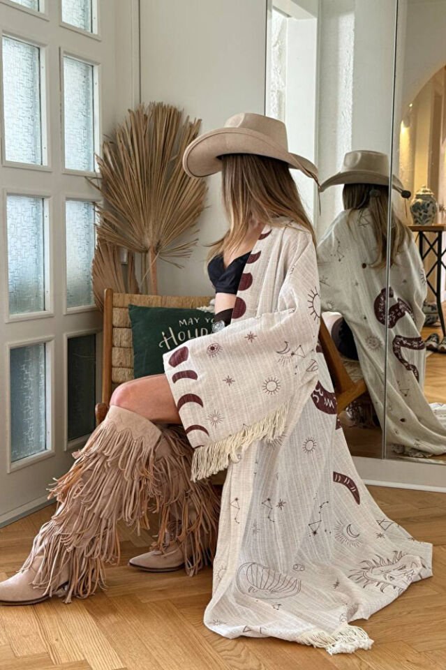 Kadın Bohem Astroloji Desenli Yılan Yıldız Haritası Püsküllü Plaj Kimono Kaftan Pareo