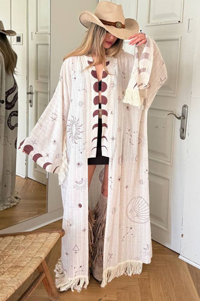 Kadın Bohem Astroloji Desenli Yılan Yıldız Haritası Püsküllü Plaj Kimono Kaftan Pareo
