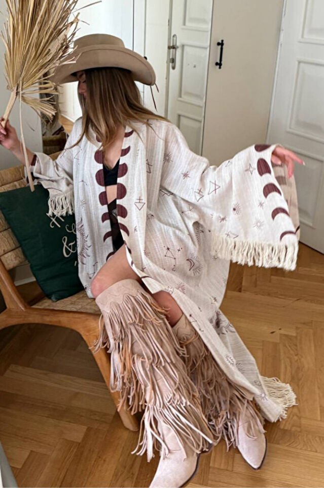 Kadın Bohem Astroloji Desenli Yılan Yıldız Haritası Püsküllü Plaj Kimono Kaftan Pareo