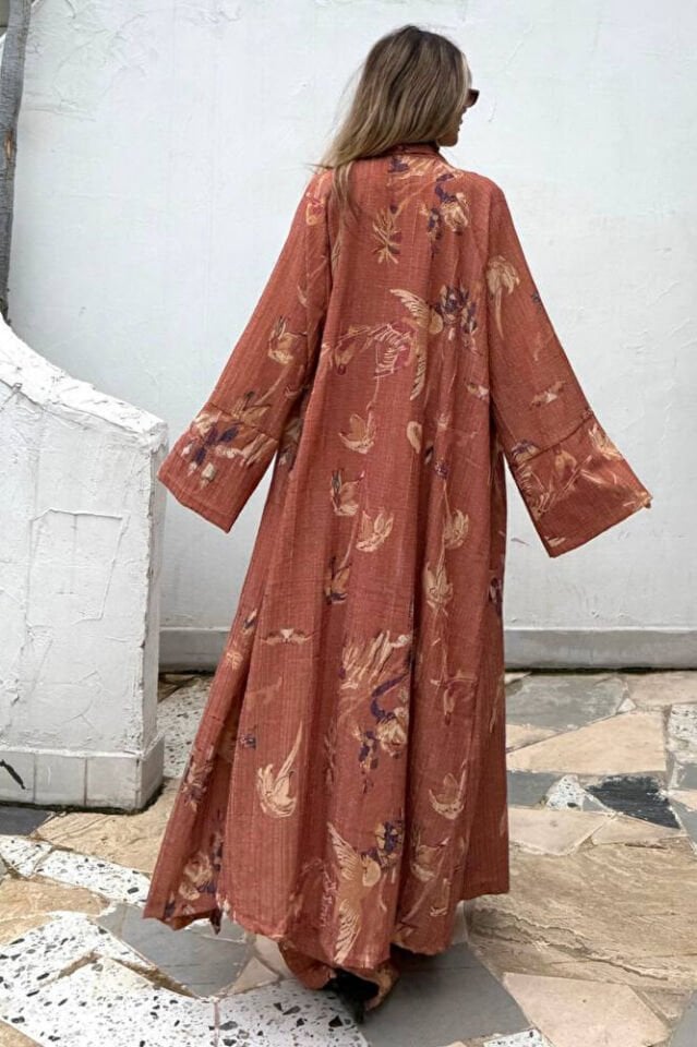 Kadın Çiçek Desenli Gofre Kimono Takım – Yazlık Pantolonlu Alt Üst Şık Kombin