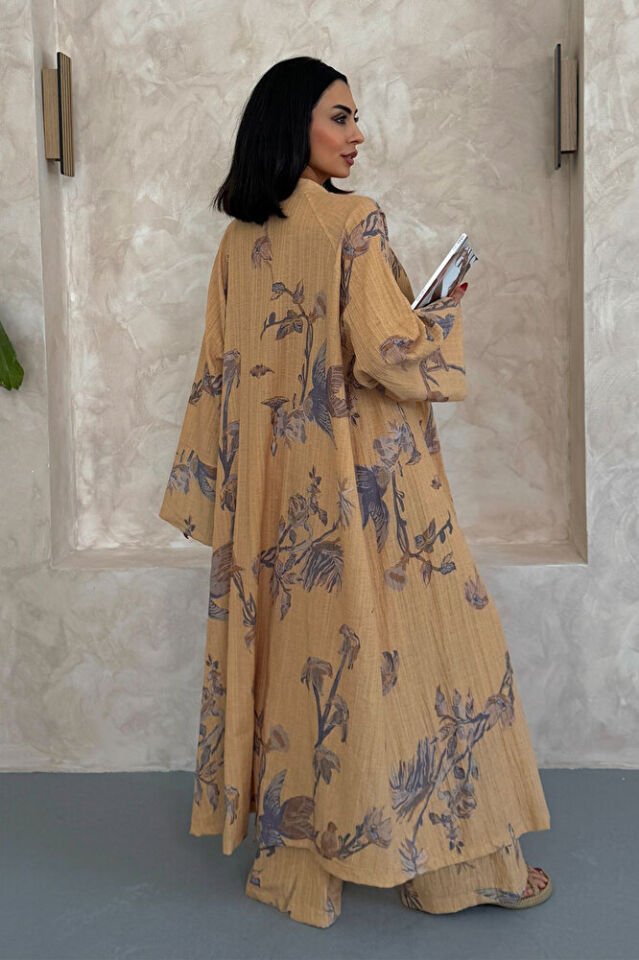 Kadın Çiçek Desenli Gofre Kimono Takım – Yazlık Pantolonlu Alt Üst Şık Kombin Hardal - S