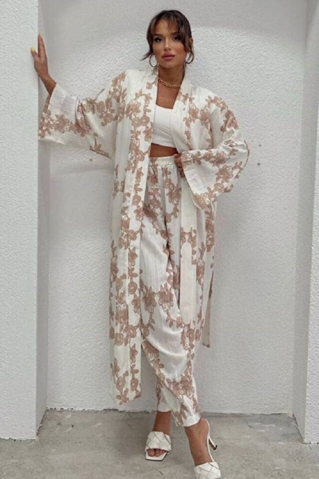 Kadın Bej Desenli Gofre Kimono Pantolon Takım Yazlık Bohem Salaş Alt Üst Kombin