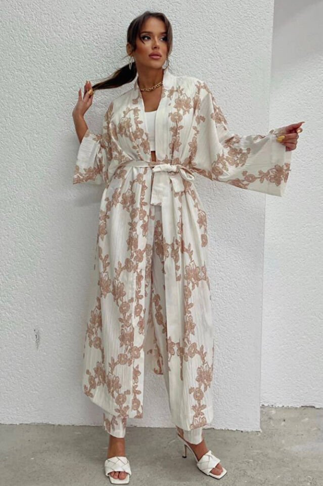 Kadın Bej Desenli Gofre Kimono Pantolon Takım Yazlık Bohem Salaş Alt Üst Kombin