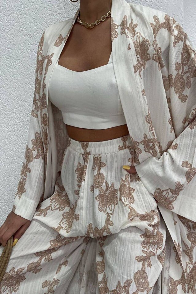 Kadın Bej Desenli Gofre Kimono Pantolon Takım Yazlık Bohem Salaş Alt Üst Kombin Bej - M