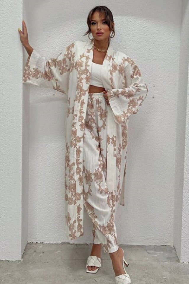 Kadın Bej Desenli Gofre Kimono Pantolon Takım Yazlık Bohem Salaş Alt Üst Kombin Bej - L