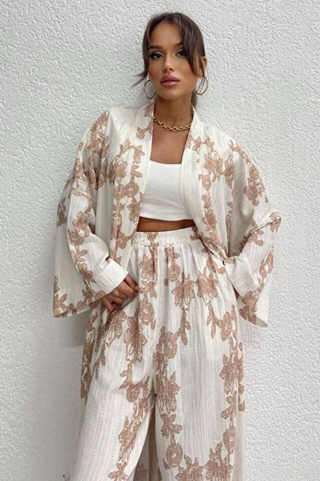 Kadın Bej Desenli Gofre Kimono Pantolon Takım Yazlık Bohem Salaş Alt Üst Kombin Bej - L