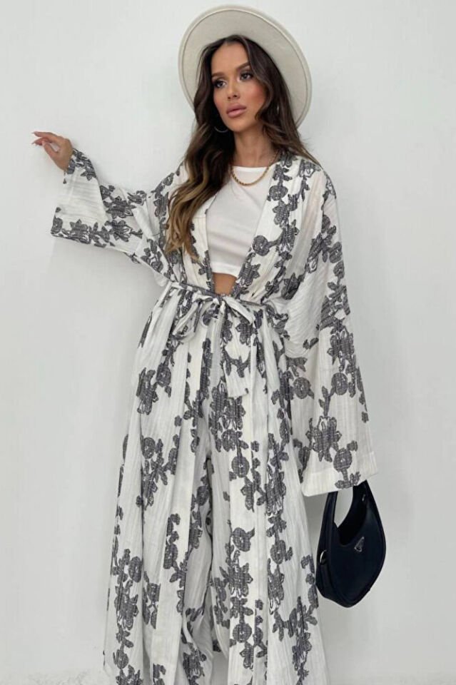 Kadın Bej Desenli Gofre Kimono Pantolon Takım Yazlık Bohem Salaş Alt Üst Kombin Gri - L